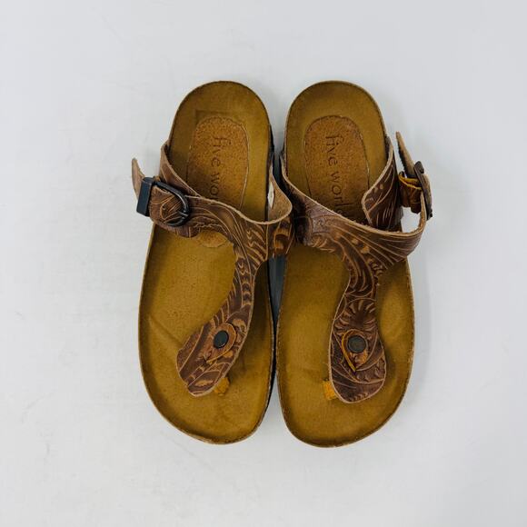 Five Worlds Women’s Size 6 Tooled Leather Comfort Sandals | Western Boho Style - Picture 5 of 14